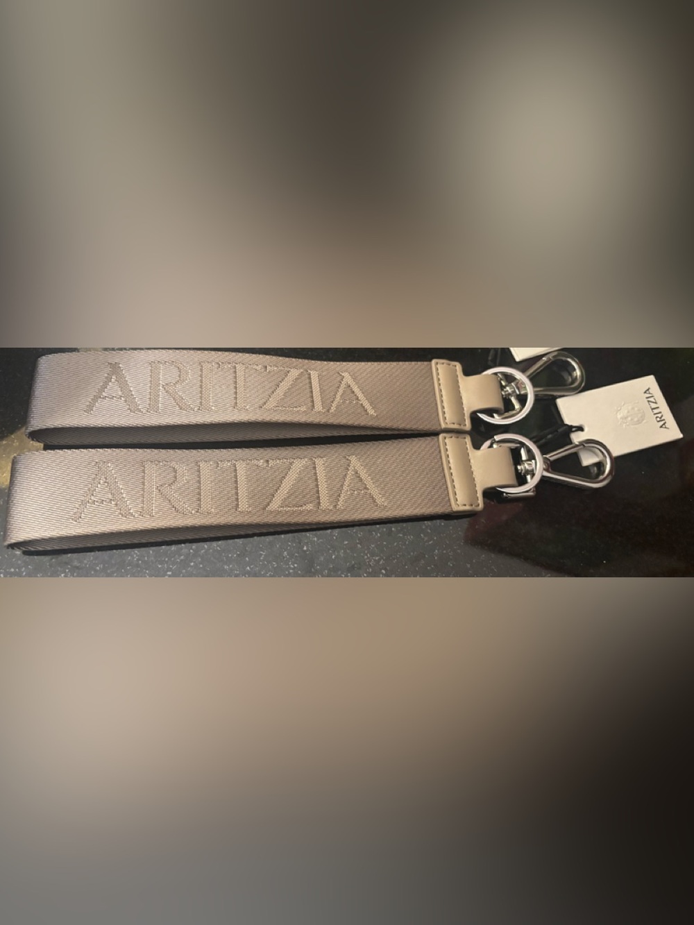 2 Aritzia Taupe Embroidered Logo Keychain Bag Purse Backpack Luggage Tag